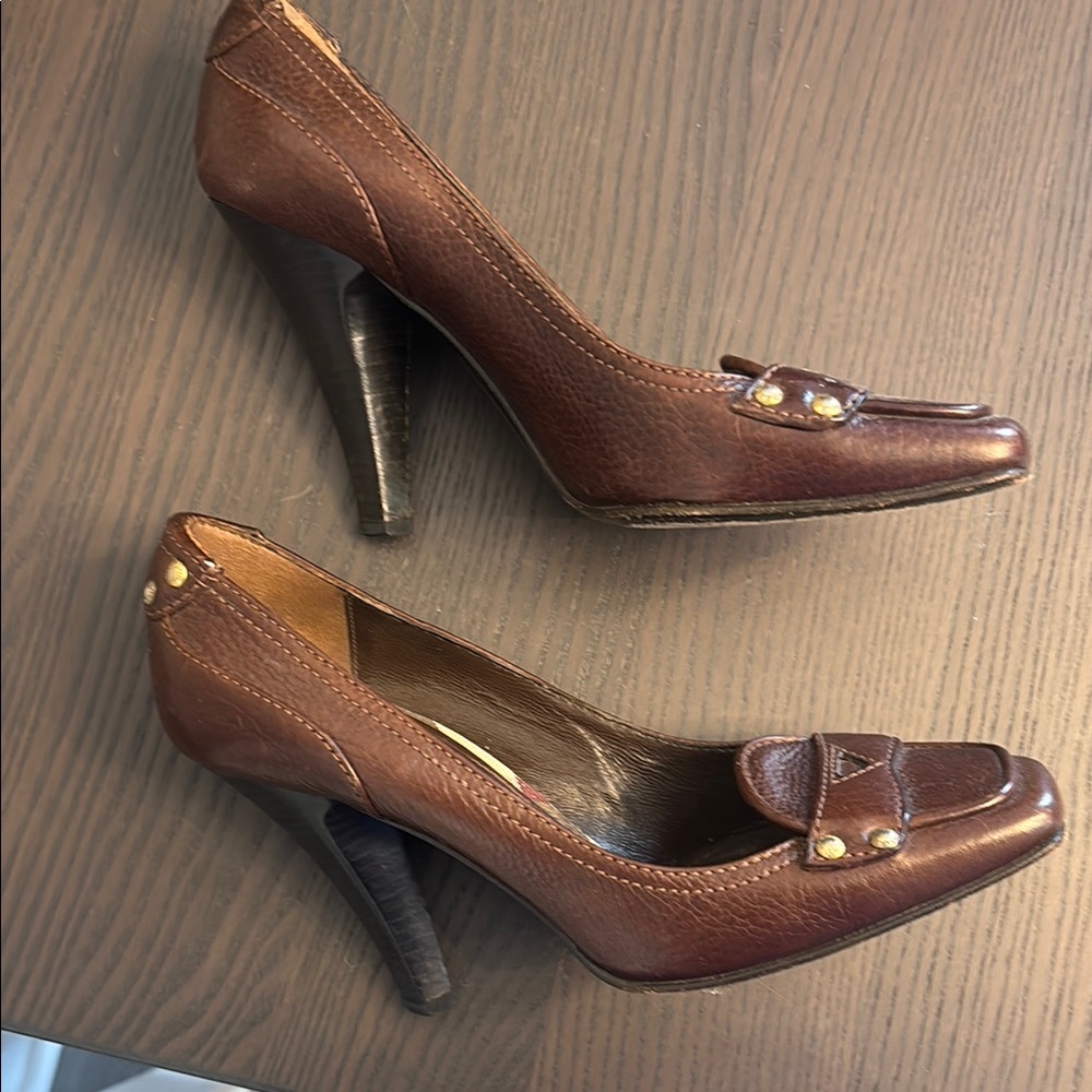 Burberry Brown Leather Studded Penny Loafer Heels - Picture 3 of 9